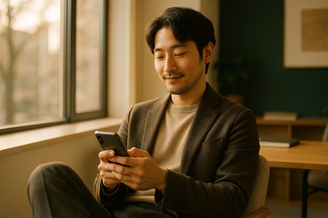 スマートフォンでAI総務に質問する会社員