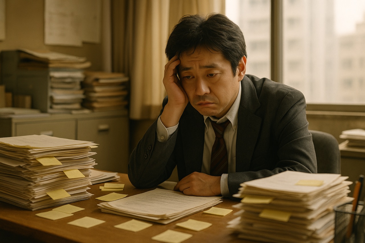 書類に追われる総務担当者