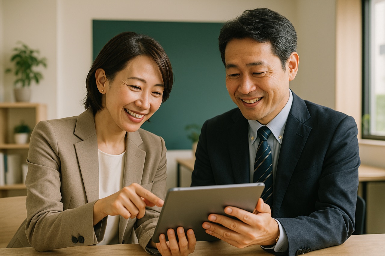 タブレットを見ながら打ち合わせる経営者