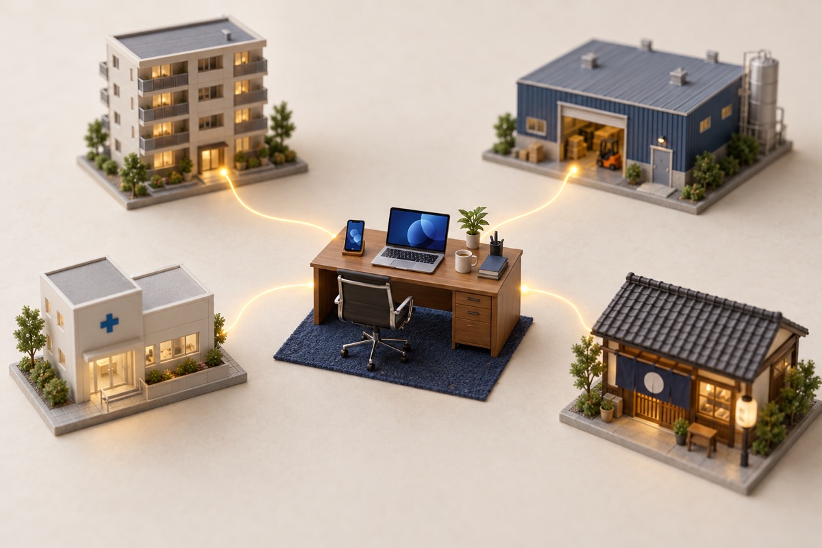 机の電話とパソコンから四つの建物へ光がつながるミニチュアのジオラマ