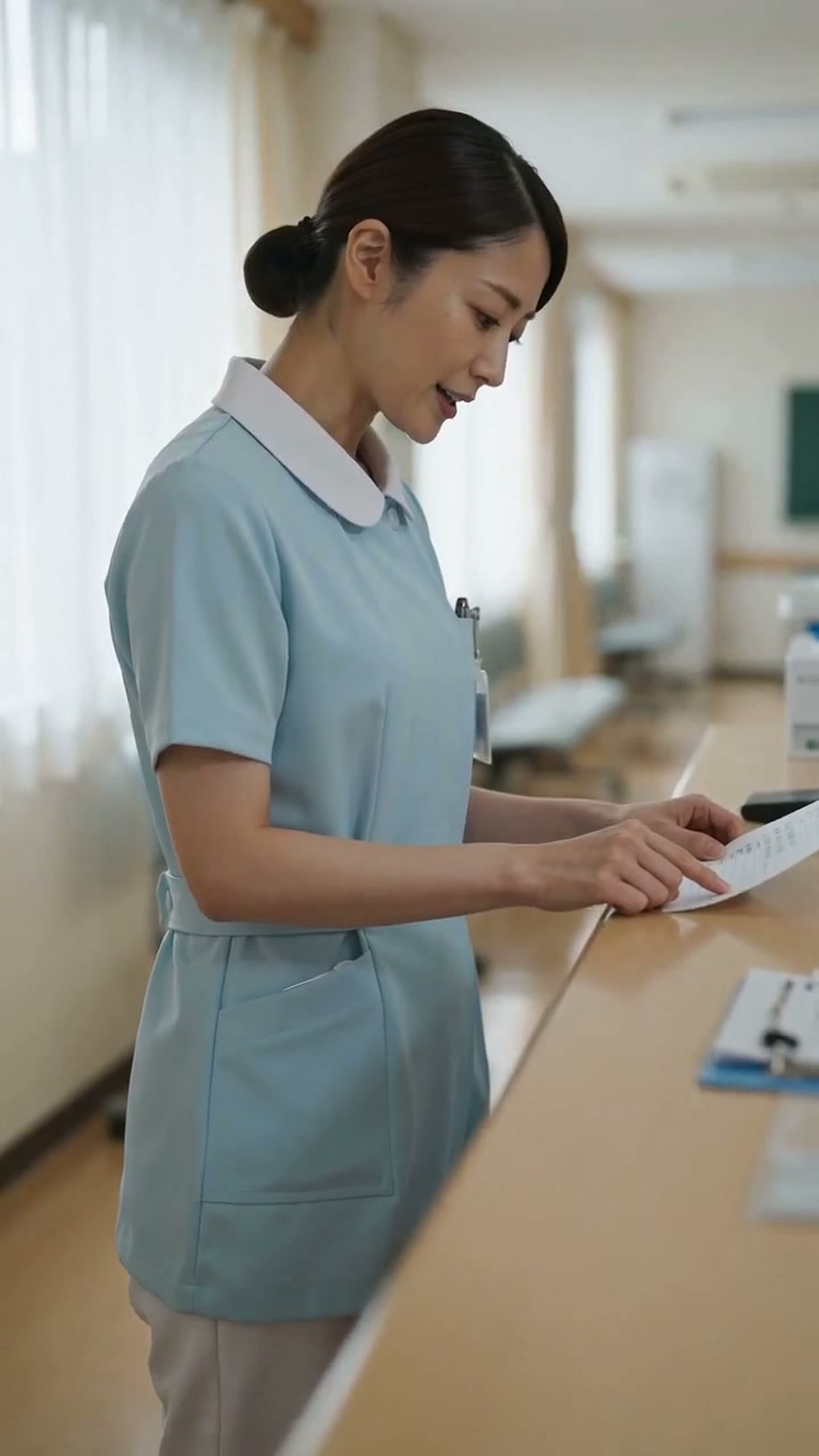 紙の名簿から診察券番号を探す受付スタッフ