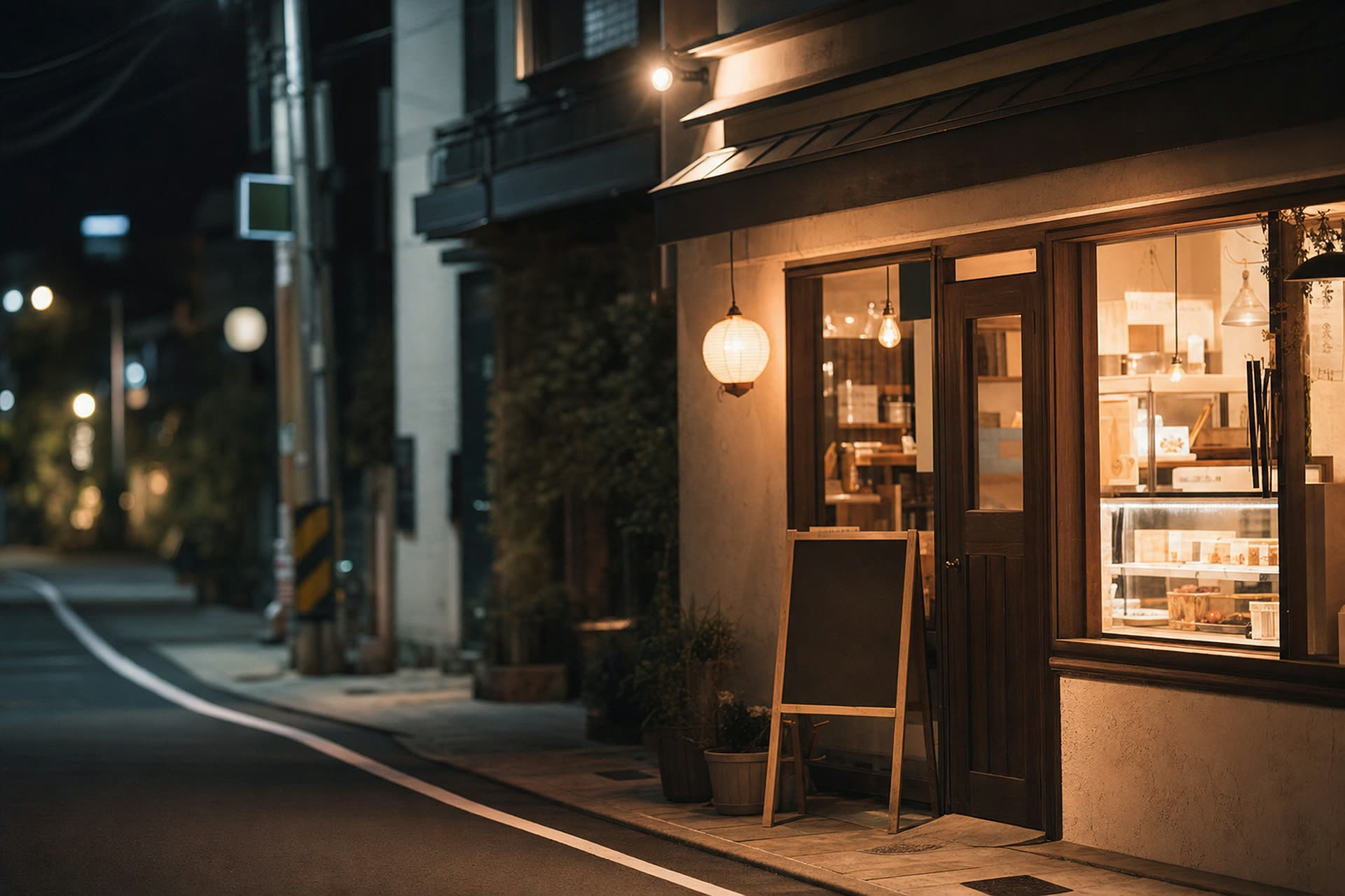 通りの向こうに見える、夜の小さなお店