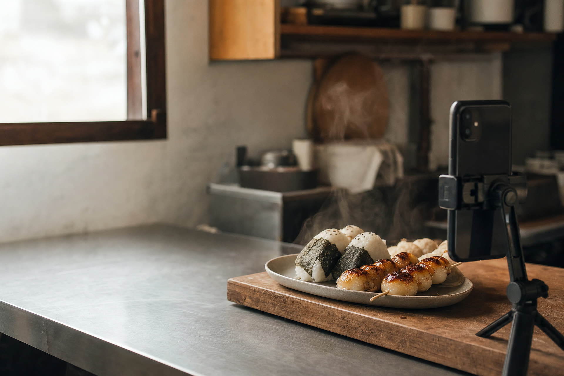 小さな三脚に置いたスマートフォンで、カウンターの料理を撮影する準備